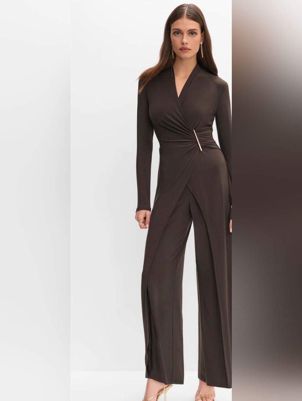 Joseph Ribkoff Wrap-Front Long-Sleeve Jumpsuit in Dark Brown With Gold Accent